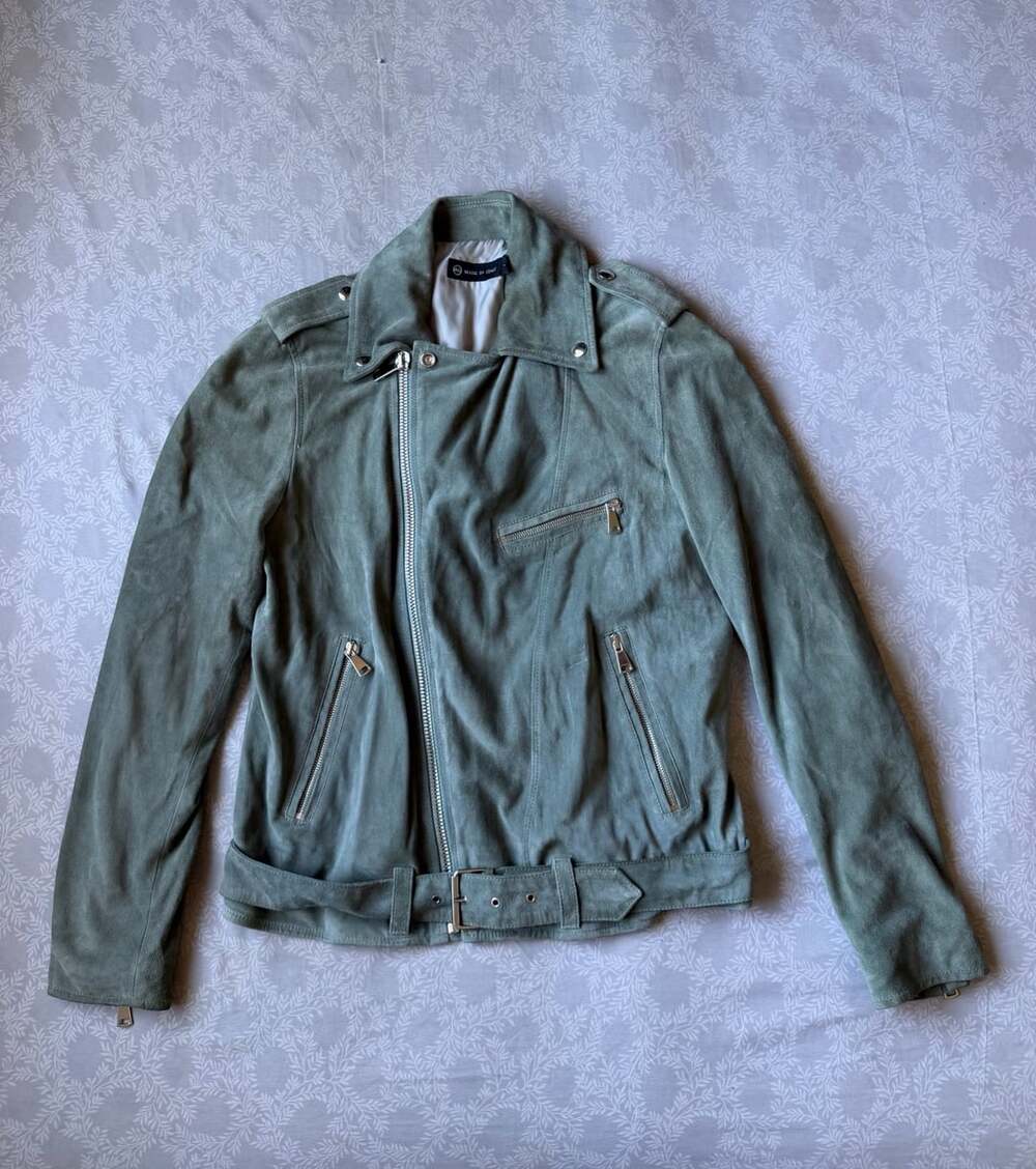 AG Adriano Goldschmied Suede Moto Jacket Green Sage Belted Made In Italy Women S